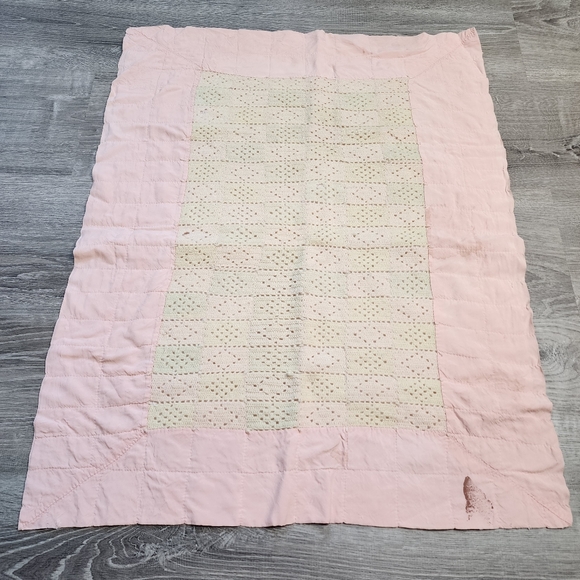 VINTAGE Crochet and Hand Stitched Pink and Cream Small Baby Blanket - Picture 2 of 14